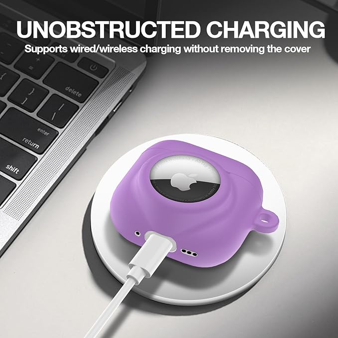 2 in 1 Silicone Case Compatible with AirPod 4 and AirTag, Shockproof Protective Skin Cover for AirPods 4th Generation with Cleaner Kit & Carabiner (Purple)
