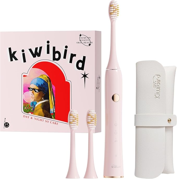 KIWIBIRD Sonic Electric Toothbrush – K1 MINI Slim & Lightweight (85g), 90-Day Battery, with Travel Case & Leather Pouch, IPX7 Waterproof, for Adults & Teens, Ideal for Travel & Sensitive Teeth (Pink)