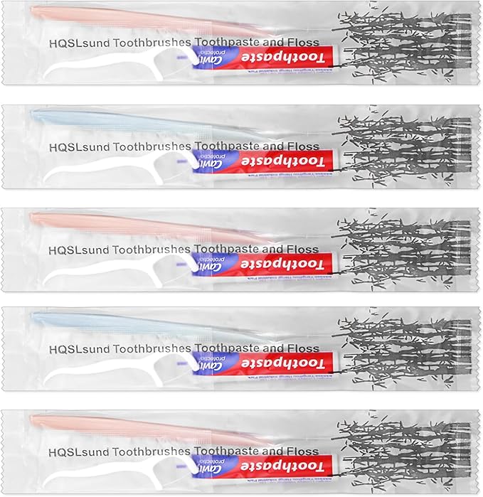 50pcs Disposable Toothbrushes with Toothpaste Floss Individually Wrapped, 2 Color Disposable Toothbrush, 10g Toothpaste, Dental Floss Pick, Bulk Toothbrush Kit for Homeless,Airbnb,Hotel