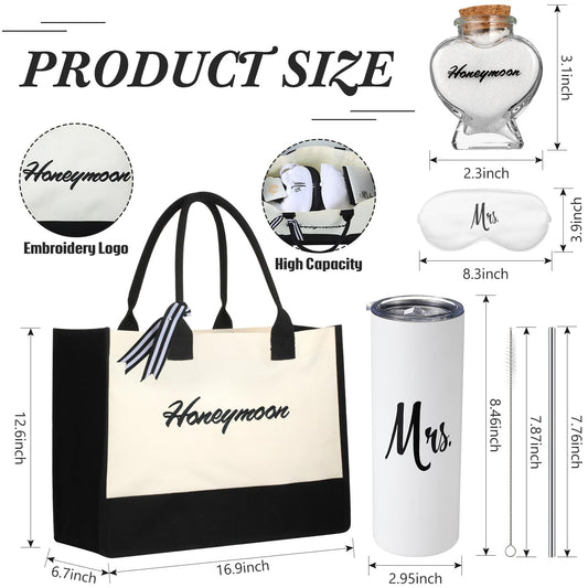 Preboun 14 Pcs Wedding Gifts for Couple Honeymoon Gifts Include Mr and Mrs Beach Towels 20 oz Wine Tumbler Hat Shareable Passport Holder Baggage Tag Glass Bottle Canvas Honeymoon Tote Bag Sleep Mask