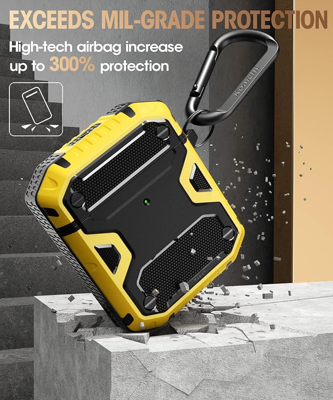 Koaichi Compatible with AirPods Case, Full-Body Rugged Hard Shell Protective Case Cover with Keychain Designed for AirPods 1st & 2nd, Black/Yellow