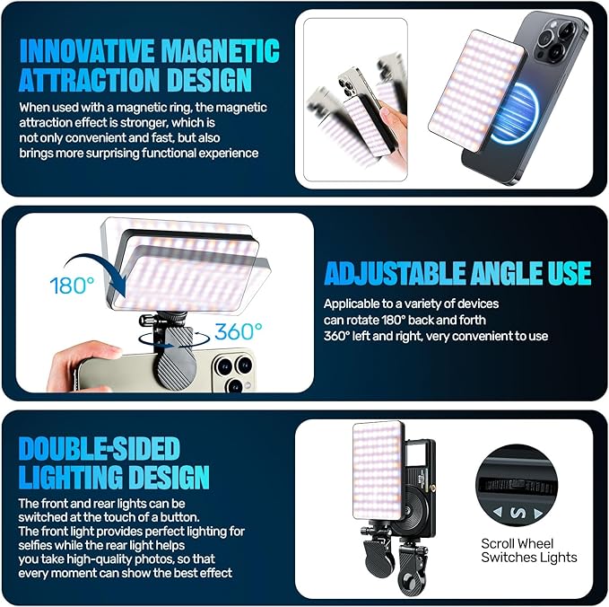129 LED Double Side Magnetic Selfie Light for iPhone, 3000 mAh Rechargeable Phone Fill Light Clip, Adjusted 3 Light Modes for Phone iPhone Android iPad Laptop for Makeup TikTok Selfie Vlog