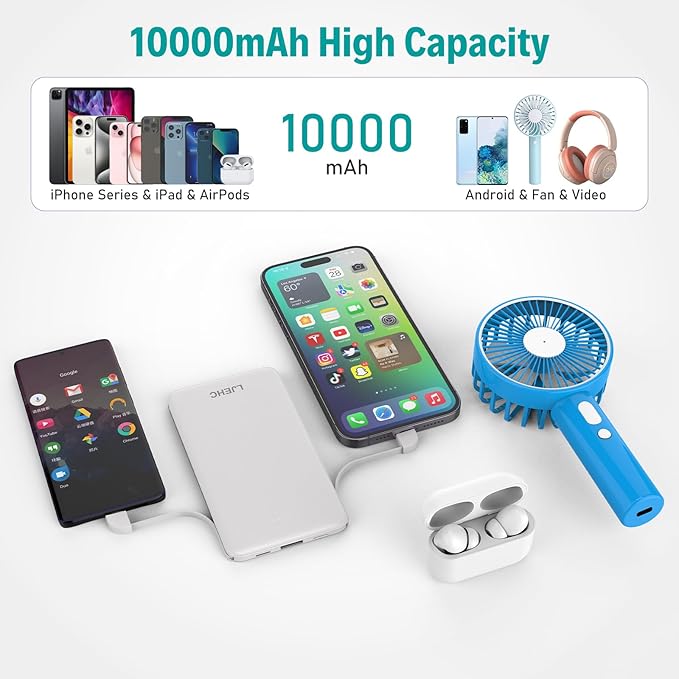 10000mAh Slim Power Bank with Built in Cable,Thin Lightweight Portable Phone Charger,4 Output USB C Travel Essentials External Battery Pack Clutch Charger for iPhone,Samsung,Android,Heated Vest,White