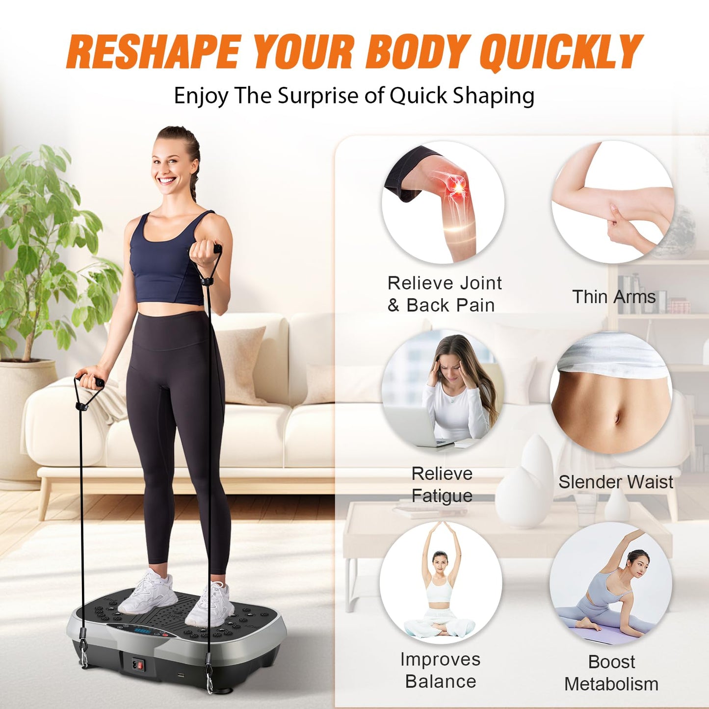 ALSO GO Vibration Plate Exercise Machine, 3 Workout Modes & 120 Level Vibration Platform for Weight Loss/Lymphatic Drainage, 400lbs Capacity Vibration Board with Resistance Bands for Full Body Workout