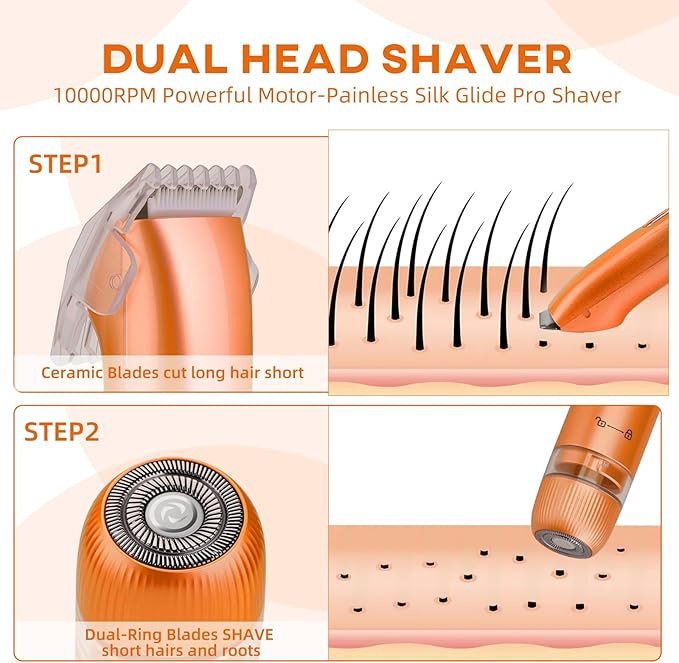 Bikini Trimmer for Women,Dual Head Shaver, IPX7 Waterproof, Compact Travel Design Bikini Shaver for Public Hair, Facial and Body(Orange)