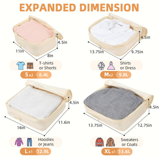 BAGAIL 4 Set/6 Set/8 Set Compression Packing Cubes Travel Accessories Expandable Packing Organizers (Square Mesh, 06-Beige)