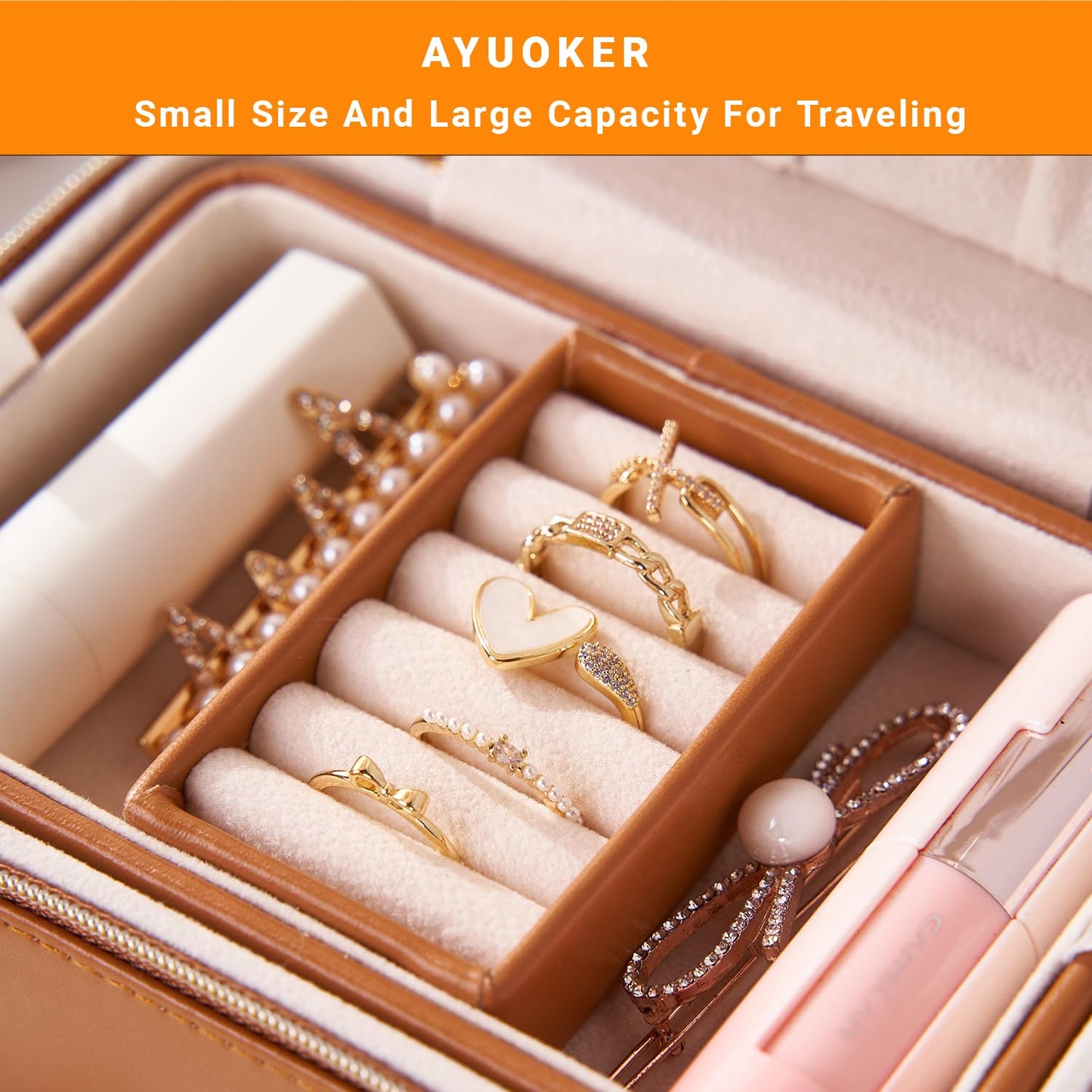 AYUOKER Brown Small Travel Jewelry Box,2 Layers PU Leather Travel Jewelry Box with Double Zippers, Portable Travel Jewelry Organizer for Necklace/Bracelet/Ring/Brooch