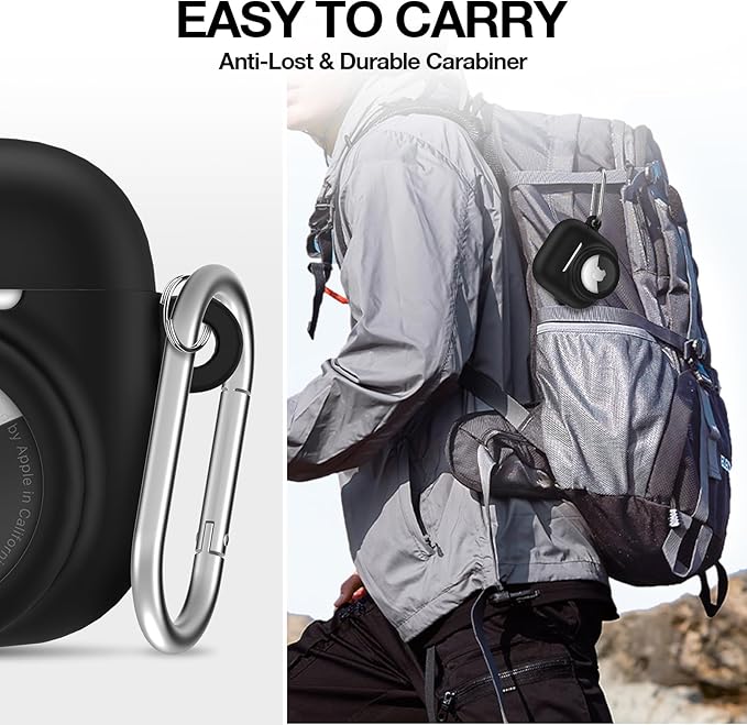 2 in 1 Silicone Case Compatible with AirPod 4 and AirTag, Shockproof Protective Skin Cover for AirPods 4th Generation with Cleaner Kit & Carabiner (Black)