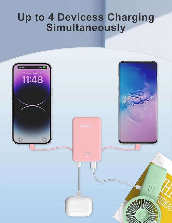 6000mah Ultra Slim Built in Cables Power Bank, Card Size Built in USB C Cords Battery Pack Portable Charger for Phones, 3 Output External Battery Pack Compatible with iPhone, Samsung, Google, Pink