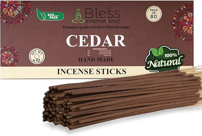 Bless-Cedar 100%-Natural-Handmade-Hand-Dipped-Incense-Sticks Organic-Chemicals-Charcoal-Free Purification-Relaxation-Positivity-Yoga-Meditation Best-Woods-Scent (80 Sticks (4.20 OZ))