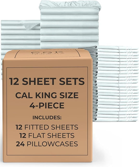 Bulk Case Pack of 12 Sheet Sets - (12) Complete Cal King Size Sheet Sets w/Deep Pockets - Wholesale Bulk Bedding for Hotels, Spas & Airbnbs - Breathable, Soft & Wrinkle Free - (Cal King, Ice Blue)