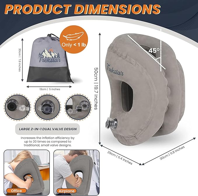 Trekstar Inflatable Travel Neck Pillow in Drawstring Bag | Ergonomic Design | Supports Head, Back, and Neck Pain | Sleeping Cushion in Airplane/Buses/Office/Cars/Trains with Eye Mask, Earplugs