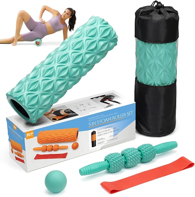 5 in1 Foam Roller Set, Trigger Point Foam Roller, Massage Roller Stick, Massage Ball, Resistance Band for Deep Muscle Massage Pilates Yoga,Fitness Exercise for Whole Body (Pure Turquoise)