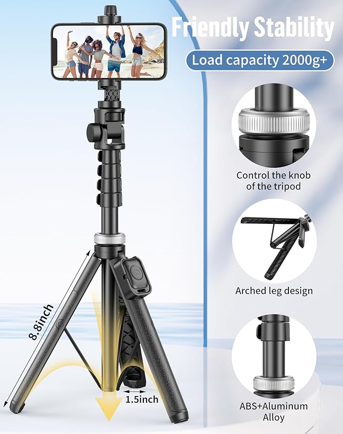 60" Phone Tripod for iPhone:Extendable Selfie Stick for iPhone-andriod, Selfie Stick Tripod with Remote for Video Recording in-Out Door of Content Creator