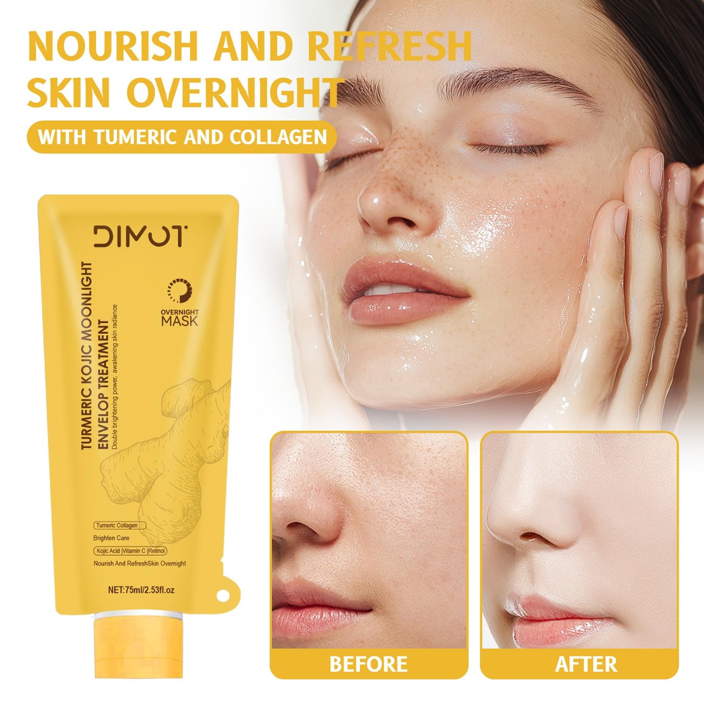 Turmeric Collagen Night Wrapping Mask with Retinol - Hydrating, Firming & Glowing Facial Mask Nourishes Skin, Refines Skin Texture - Turmeric Peel off Mask With Brush for All Skins, 2,53 fl.oz