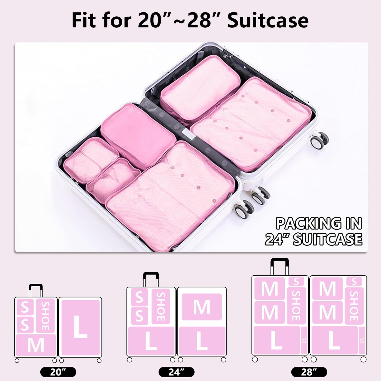 Packing cubes for Travel, CALACH Luggage Organizer Bags 6 Set Packing Cubes for Suitcases Travel Essentials for Carry on Mesh Suitcase Organizer with Shoe Bag (pink)
