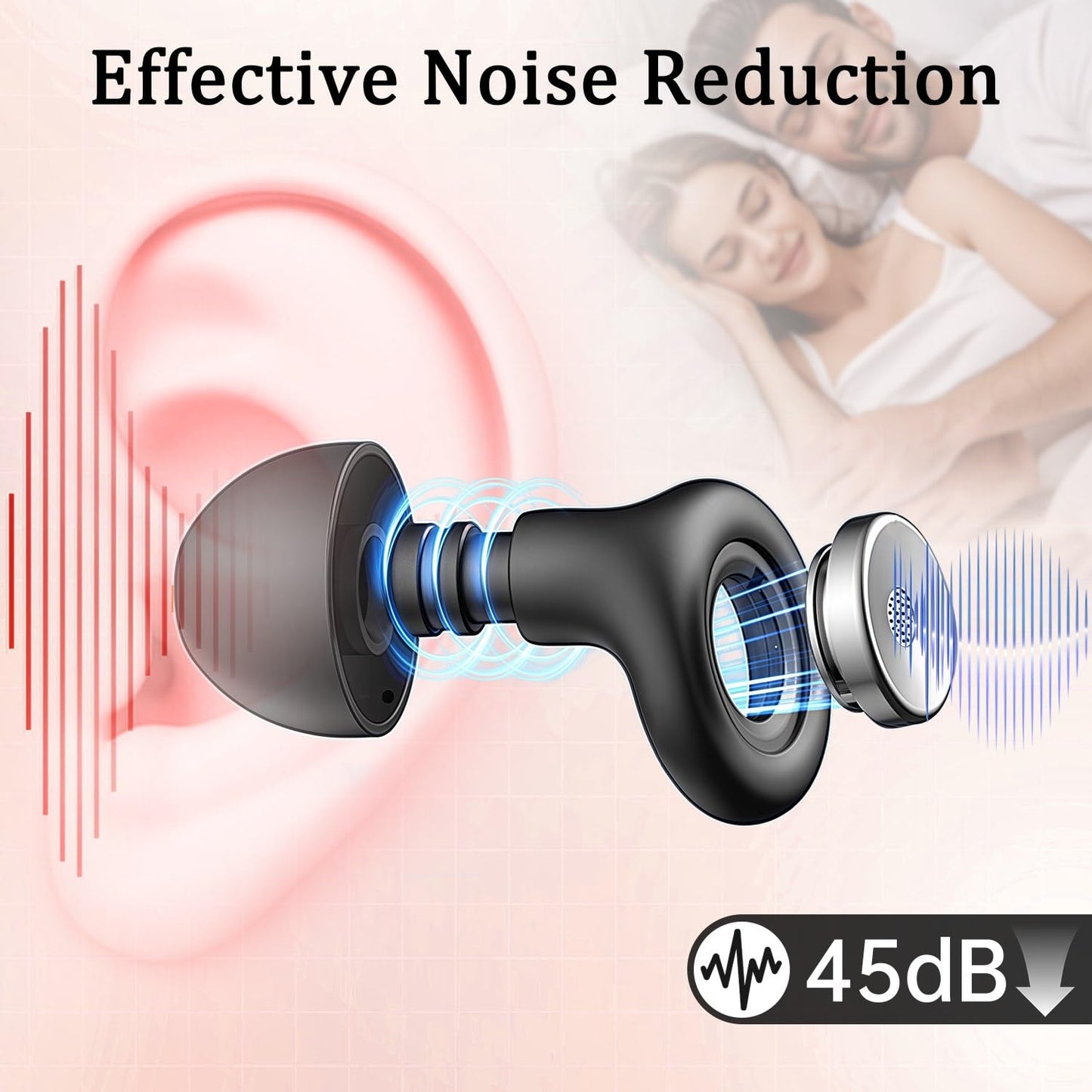 Ear Plugs for Sleeping Noise Cancelling 45dB, Reusable Silicone Earplugs with 8 Eartips and Travel Case, Soft Comfort Hearing Protection for Concerts, Snoring, Travel, Study (Jet Black)
