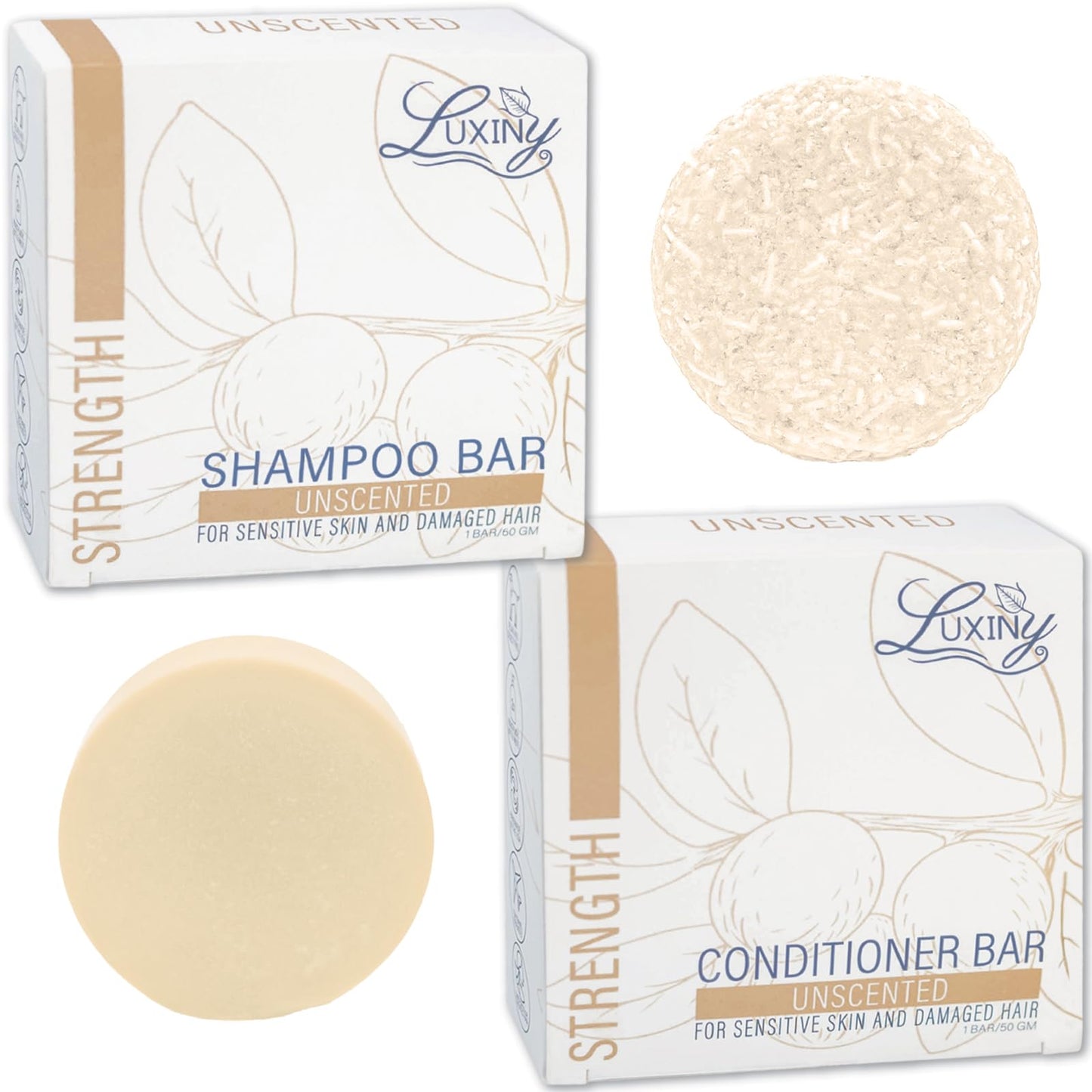 Bar Shampoo and Conditioner by Luxiny - Sulfate Free, Unscented Set With 1 Shampoo Bar (60g) & 1 Deep Conditioner Bar (50g), Made in USA (Fragrance Free)
