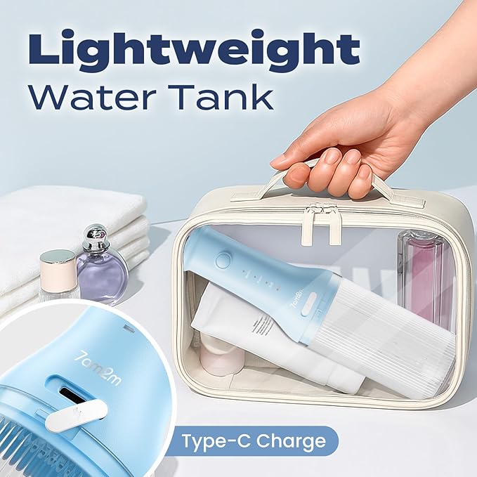 7AM2M Portable Water Flosser Cordless, Water Flosser with 3 Modes and 2 Jet Tips, USB C Rechargeable, IPX7 Waterproof, Dental Water Flosser for Travel and Home Use (Light Blue)