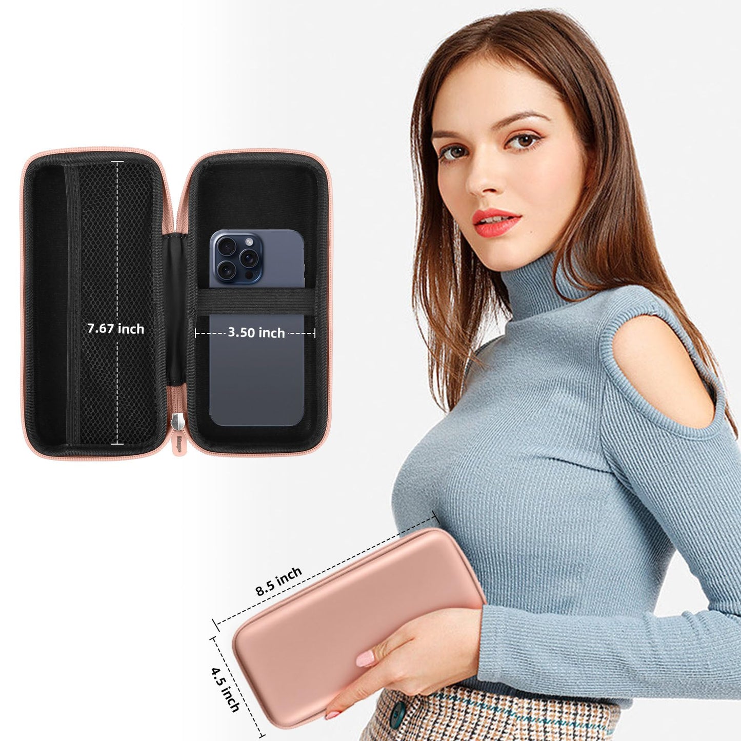 iMangoo Shockproof Travel Essentials Organizer Charger Case, Space-Optimized Zipper Electronics Accessories Pouch Tech Cord Cable Adapter Power Bank Storage for Women Men, 8.5x4.5x2 in (Rose Gold)