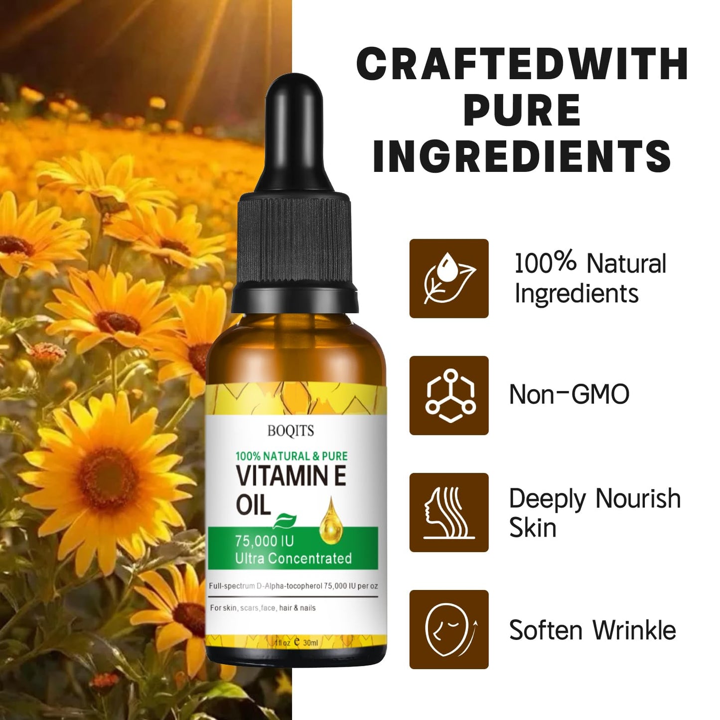 Vitamin E Oil Blend 75,000 IU, Pure Vitamin E Oil for Skin, Face and Scars, Body Bath Oils Moisturizing Dry Skin, Easy to Absorb (1 Pack)