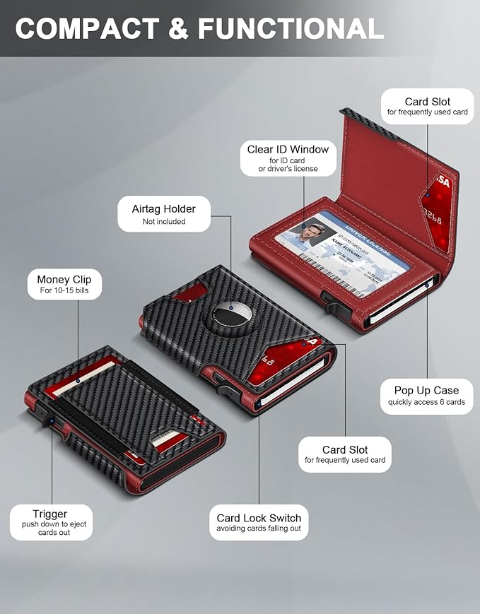 Airtag Wallet for Men, Minimalist Slim Mens Wallet Smart Pop Up Credit Card Holder for 9-13 Cards, RFID Blocking Wallet with ID Window & Cash Slot, Compact Bifold Metal Aluminum Card Case