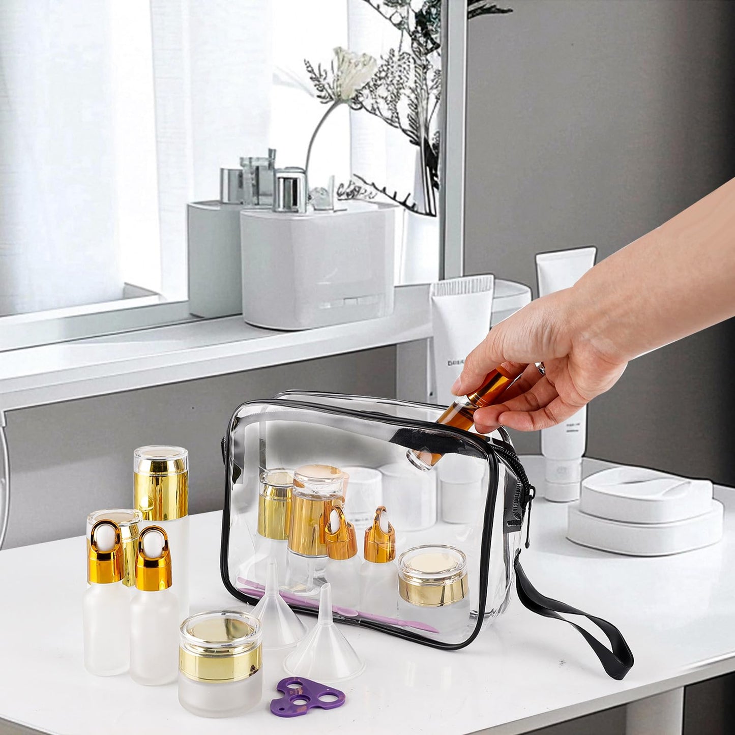 30 Pack TSA Approved Glass Travel Skincare Containers, 1.3/1/0.7/0.3oz Refillable Traveling Size Containers with Pump, Jars & Essential Oil Bottle in Clear Zip Bag, Leak-Proof for Creams & Liquids