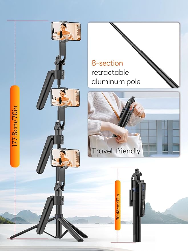70” Auto Face Tracking Tripod, Extendable 360° Rotation Phone Tripod for iPhone and Android, Selfie Stick for iPhone w/Remote Control,Phone Holder Video Recording for TikTok(UTK-01)