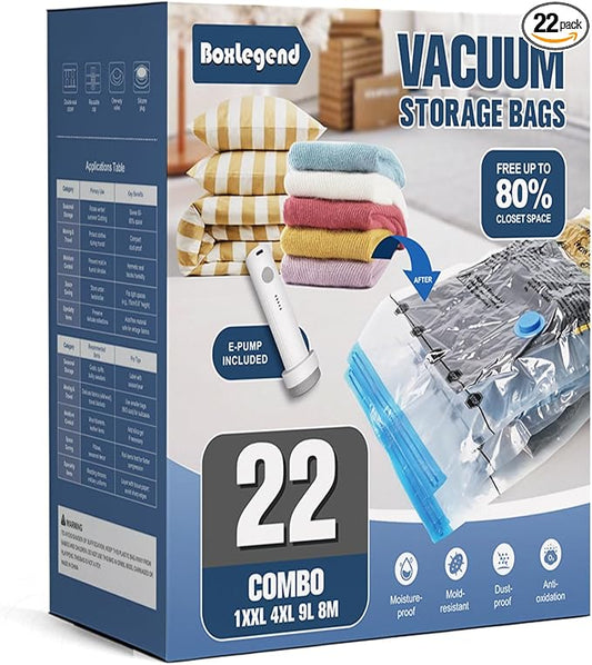 BoxLegend Vacuum Storage Bags with Electric Pump 22 Combo (1X-Jumbo, 4 Jumbo, 9 Large, 8 Medium) Thickened Vacuum Seal Bags for Clothing Space Saving for Coat Quilt Blanket Pillow Comforters