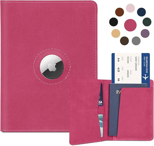 Airtag Passport Holder for Women Men Travel, Real Leather Passport Wallet, Handmade Passport Cover Case with Airtag Slot, Travel Must Haves Essentials Accessories Birthday Gifts(Crazy Horse, Rose Red)
