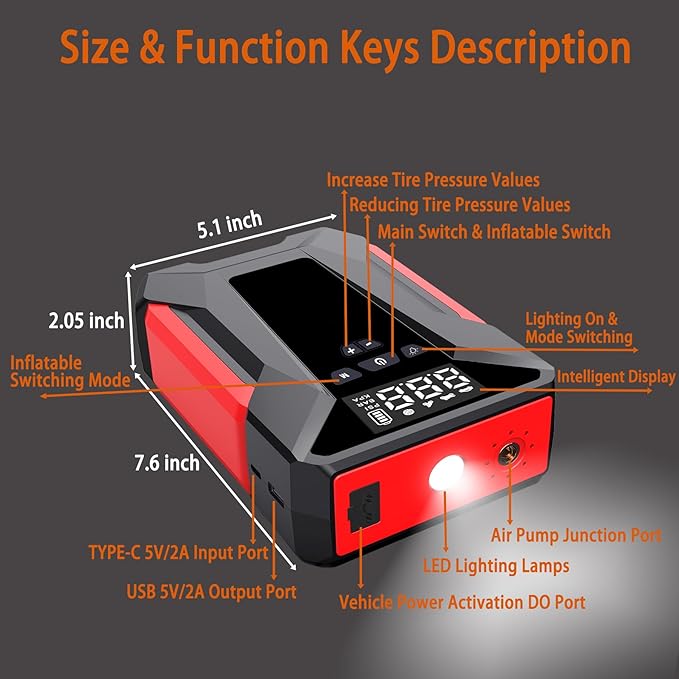 Jump Starter with Air Compressor, 4000A Car Battery Jumper Starter Portable (8L GAS/6L Diesel),12V Jump Box for Car Batter with 150 PSI Tire Inflator, Emergency LED Flashlight, 65W Fast Charger