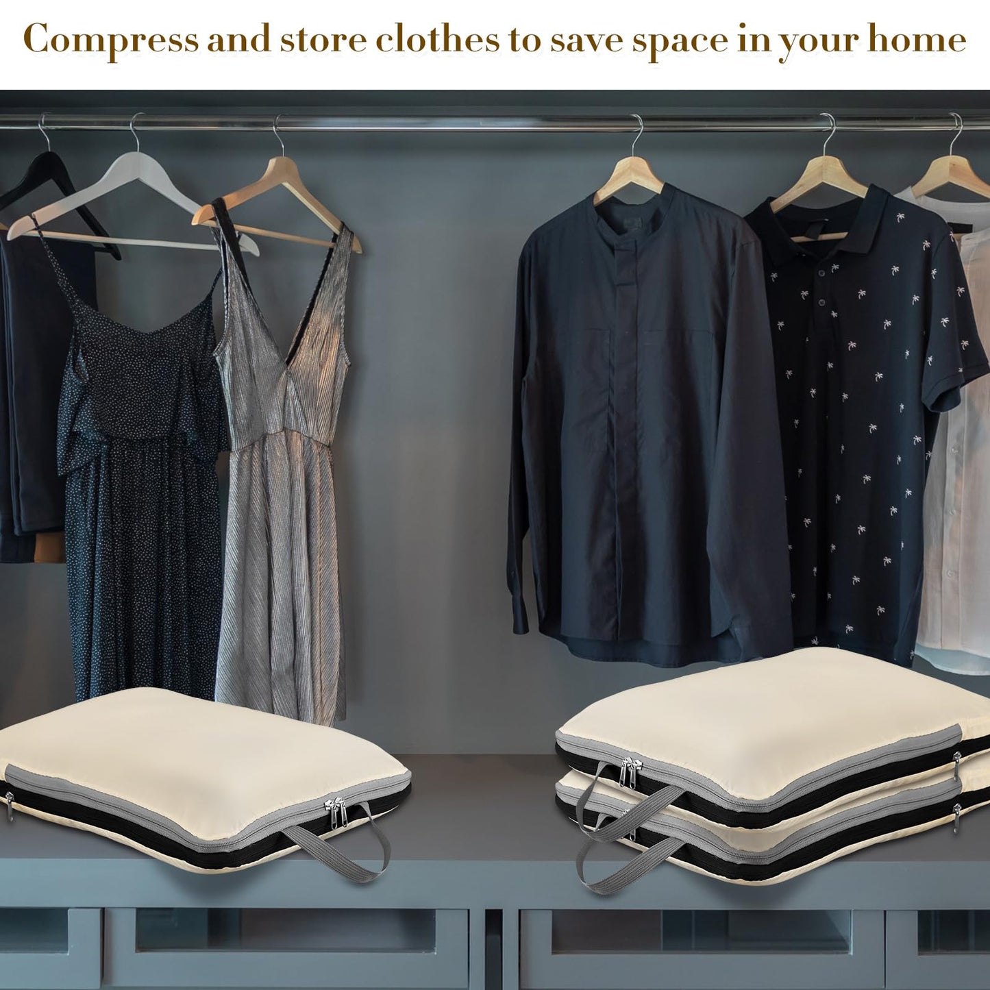 Hosuly 6 Pcs 17.3 x 12.6'' Compression Packing Cube Bag Extra Large Travel Expandable Space Saving Organizers XL for Luggage Storage(Beige)