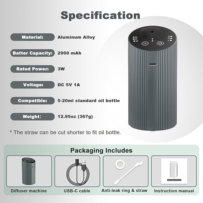 Waterless Essential Oil Diffuser for Home Car Office, Scent Diffuser with 4 Timer (1/3/6H & Off) & 3 Mist(L/M/H), Rechargeable Aromatherapy Diffuser, Portable Mini Air Aroma Diffuser, Silver Grey