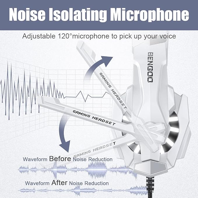 BENGOO Pro Gaming Headset for PS4 PS5 PC Xbox One Controller, Noise Cancelling Over Ear Headphones with Mic, LED Light, Bass Surround, Soft Memory Earmuffs for Laptop Mac - White