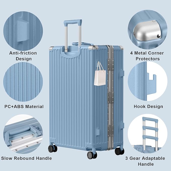 AnyZip Carry On Luggage PC+ABS Aluminum Frame Zipperless Luggage Hard Shell Suitcase with TSA Lock Double Spinner Wheels 20 Inch Haze Blue