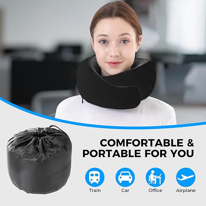 Travel Pillow,Travel Neck Pillows for Airplanes,Comfortable Breathable Cover,Memory Foam 360 Degree Support Stowable Pillows,Ideal Accessory for Sleeping Offices and Cars(Pure Black)