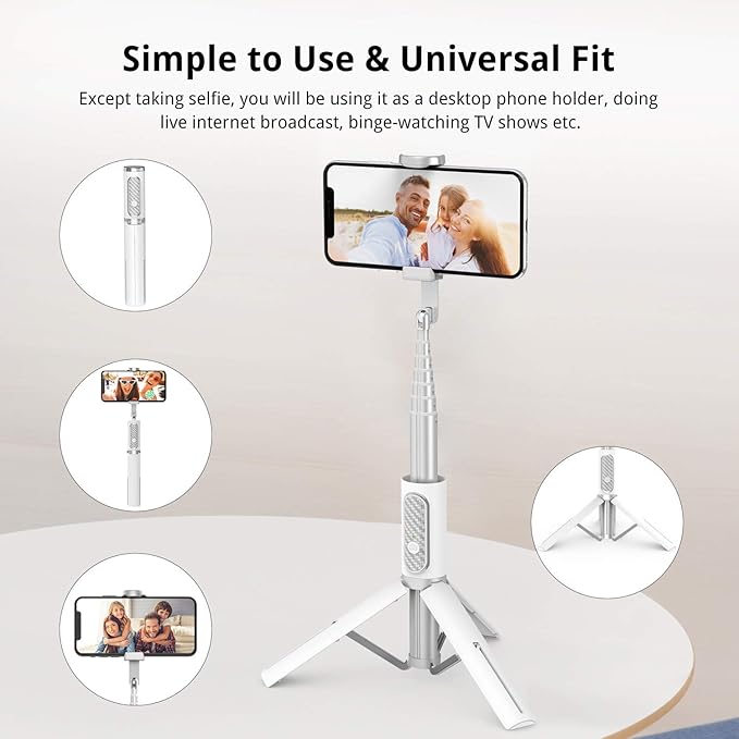 ATUMTEK Selfie Stick Tripod, 3-in-1 Extendable Aluminum Phone Tripod with Detachable Bluetooth Remote, Compatible with iPhone 17/16/15/14/13/12/11/11 Pro/XS Max/XR and Samsung Smartphones, White