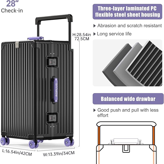 Aluminium Frame Checked-Luggage with Smooth Jelly Wheels, Hardside Zipperless Rolling Suitcase with TSA Lock (BlackPurple, 28-Inch)