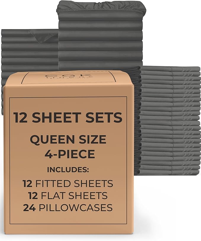 Bulk Case Pack of 12 Sheet Sets - (12) Complete Queen Size Sheet Sets with Deep Pockets - Wholesale Bulk Bedding for Hotels, Spas & Airbnbs - Breathable, Cooling and Wrinkle Free - (Queen, Charcoal)