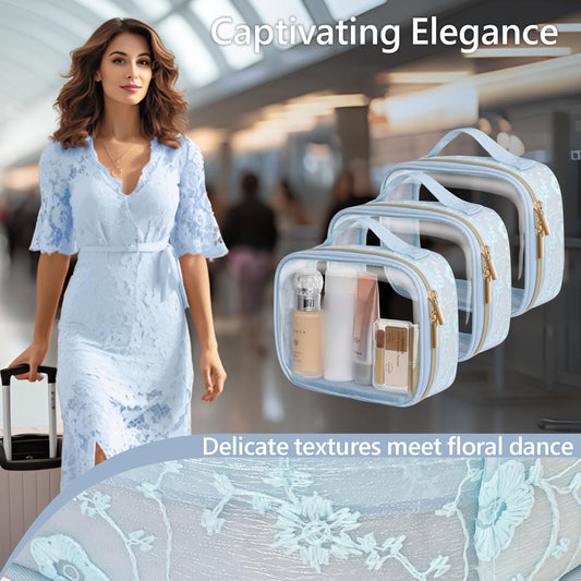 PACKISM TSA Approved Toiletry Bag - Floral Texture Lace Clear Makeup Bags, Ease of Clamshell Closing, Handles and Double Zippers, 0.5 mm Thicker Clear Toiletry Bags, Good for Travel, Blue