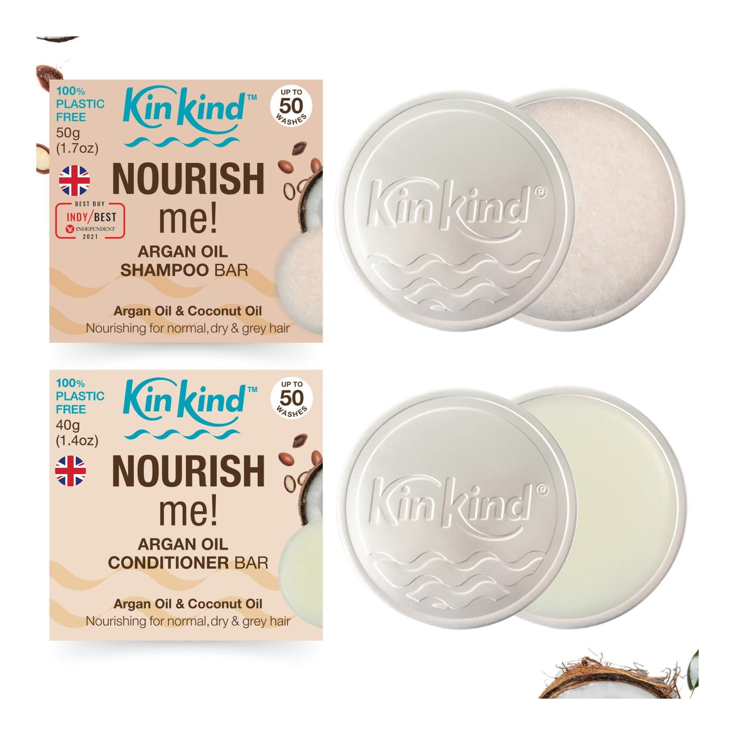 KinKind NOURISH me Travel Shampoo and Conditioner Bars. Up to 50 washes. This travel and gift set contains a soap tin for each bar. No leakage, less space, less weight.