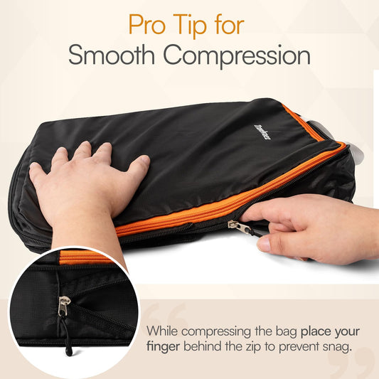 Travelvaez 6 Set Large Compression Packing Cubes, Durable Clothes Organizer for Suitcases and Carry-On Luggage, Expandable and Lightweight Packing Cubes for Travel Compression with Laundry bag, Black