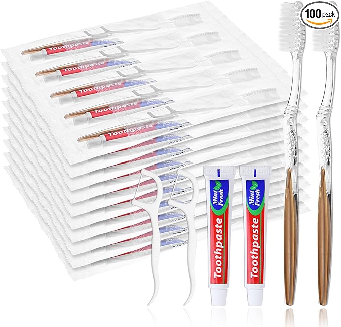 100pcs Disposable Toothbrushes with Toothpaste Floss Individually Wrapped, Disposable Toothbrush Bulk, 10g Toothpaste, Dental Floss Pick, Bulk Toothbrush Kit for Homeless,Airbnb,Hotel,Guest
