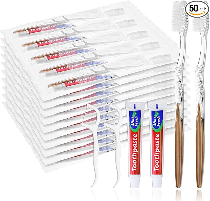50pcs Disposable Toothbrushes with Toothpaste Floss Individually Wrapped, Disposable Toothbrush Bulk, 10g Toothpaste, Dental Floss Pick, Bulk Toothbrush Kit for Homeless,Airbnb,Hotel,Guest