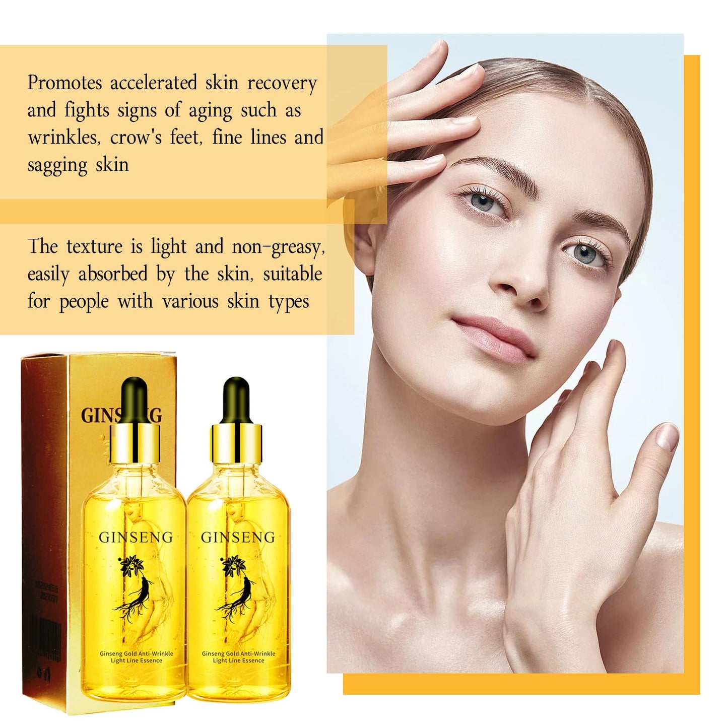 2Pcs Ginseng Polypeptide Anti-Ageing Essence, Ginseng Extract Anti Wrinkle Serum Gold Korean Ginseng Anti Aging Essential Oil for Tightening Sagging Skin Reduce Fine Lines Moisturizer 7 Fl Oz