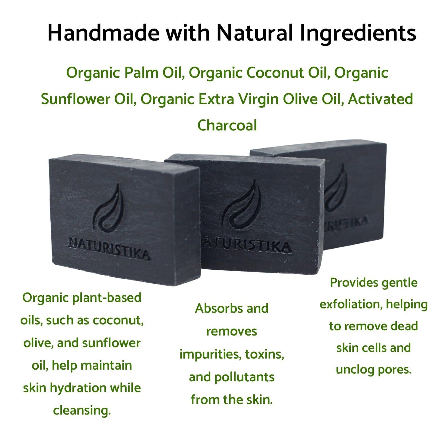 Activated Charcoal Soap Bar (3 Pack), Vegan and All Natural Handcrafted with Organic Oils. Face and Body Soap. For Men, Women and Teens. Unscented.