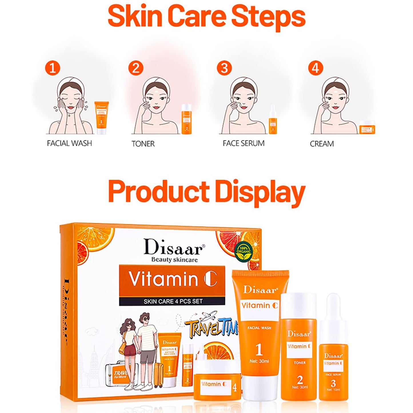 DISAAR BEAUTY Vitamin C Organic Orange Extract Skin Care Set Facial Wash Toner Serum Face Cream Moisturizing Reduce Wrinkles Hydrate 30ml+30ml+10ml+15g 4PCS