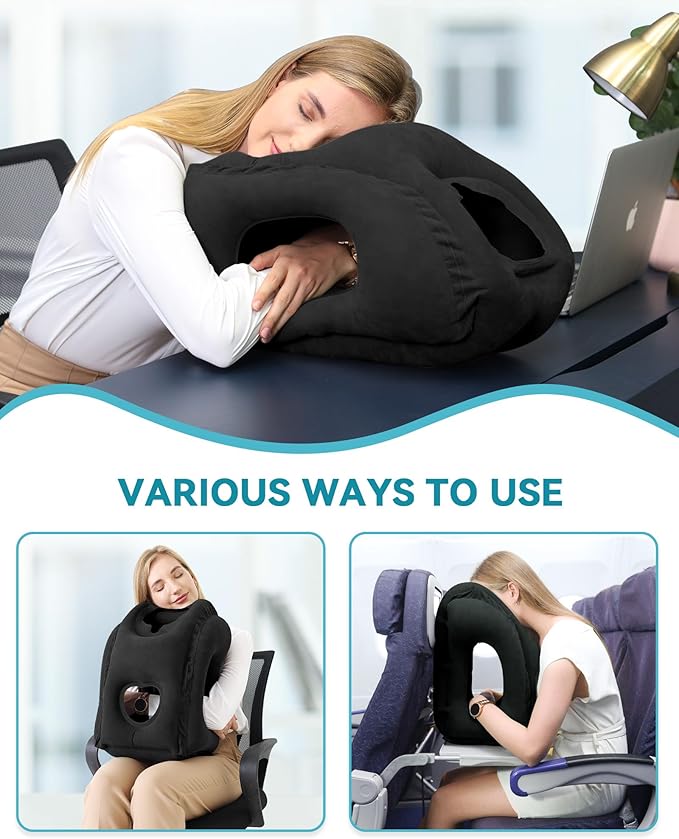 JefDiee Inflatable Travel Pillow, Airplane Neck Pillow Comfortably Supports Head and Chin for Airplanes, Trains, Cars Office Napping on The Tray Table (Black)