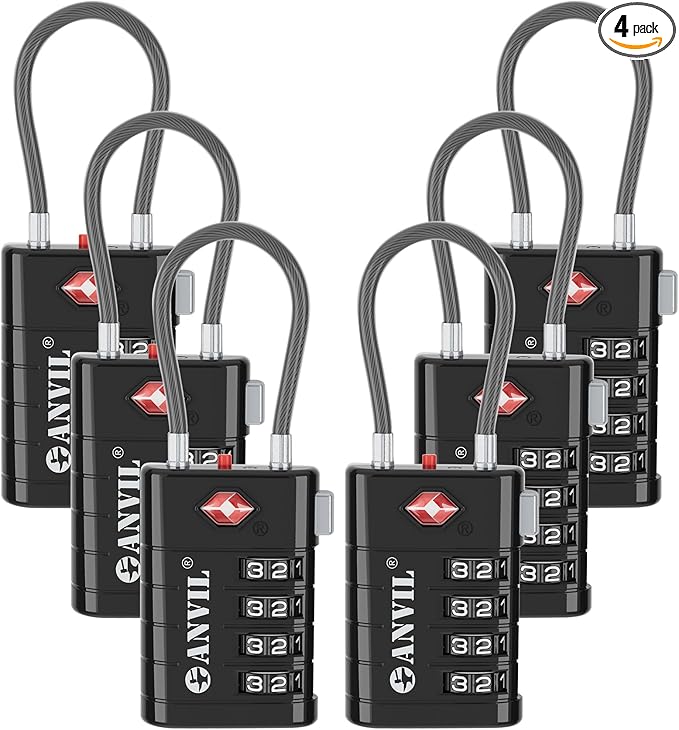 ANVIL 4 Digit Luggage Locks, TSA Locks for Luggage, Advanced TSA008 core, Alert Indicator for Your Travel Lock, Suitcase Lock. (6, Black)