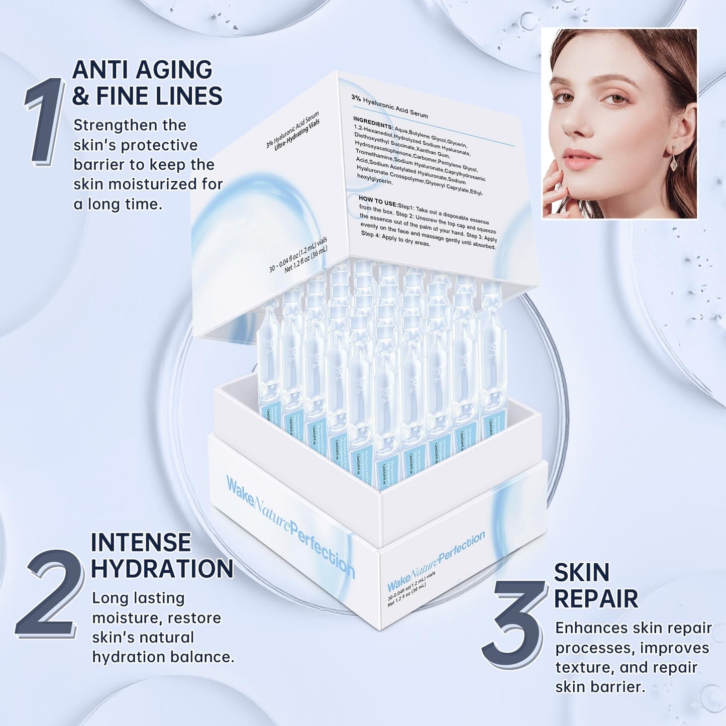 3% Hyaluronic Acid Serum Ultra-Hydrating Vials, 60pcs Hyaluronic Acid Tubes, Wake Nature Perfection, Hyaluronic Serum for Face, Ultra Hydrating Essence with Collagen & Hyaluronic